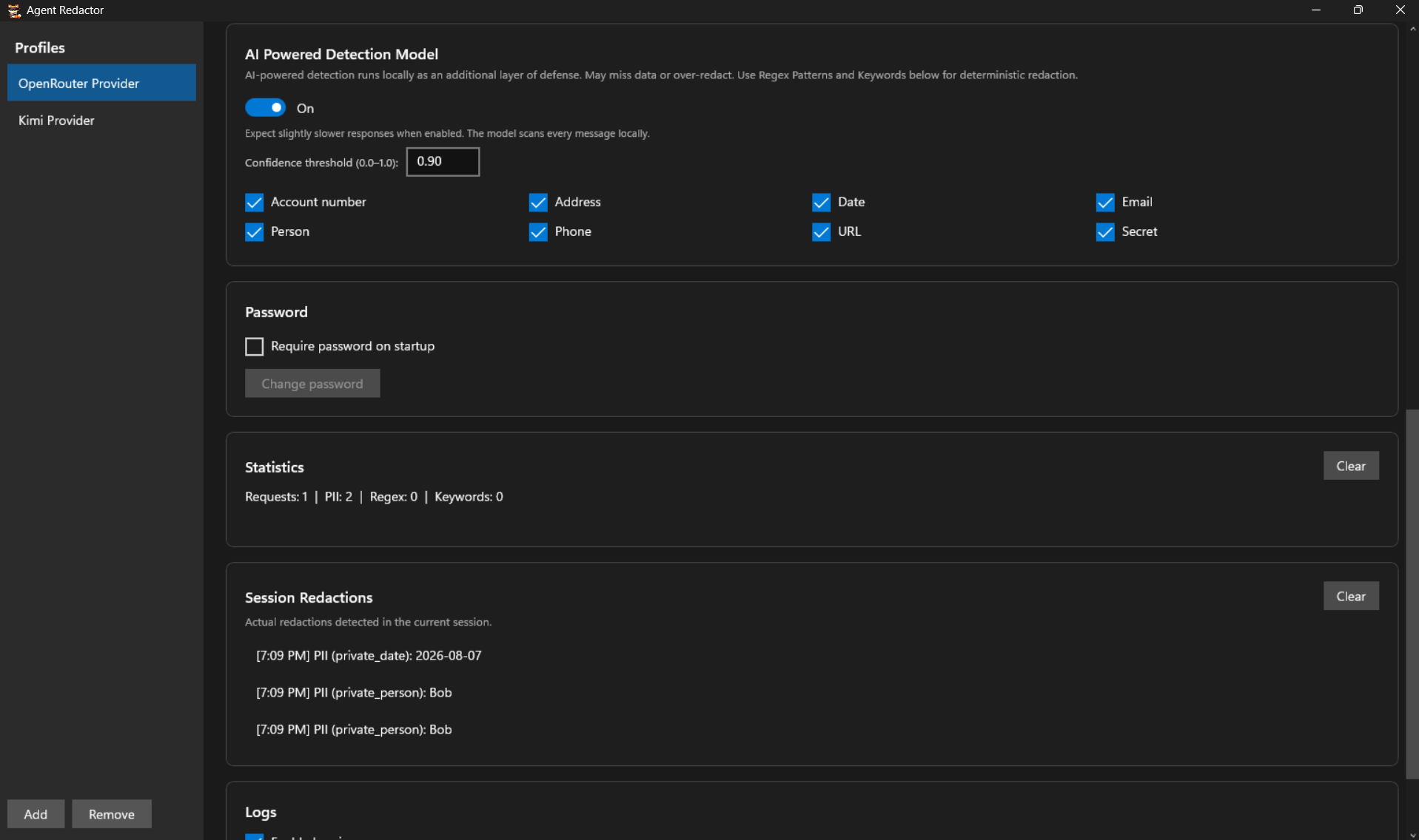 Agent Redactor showing Statistics panel with Requests: 1, PII: 2, and Session Redactions listing intercepted PII including private_person Bob