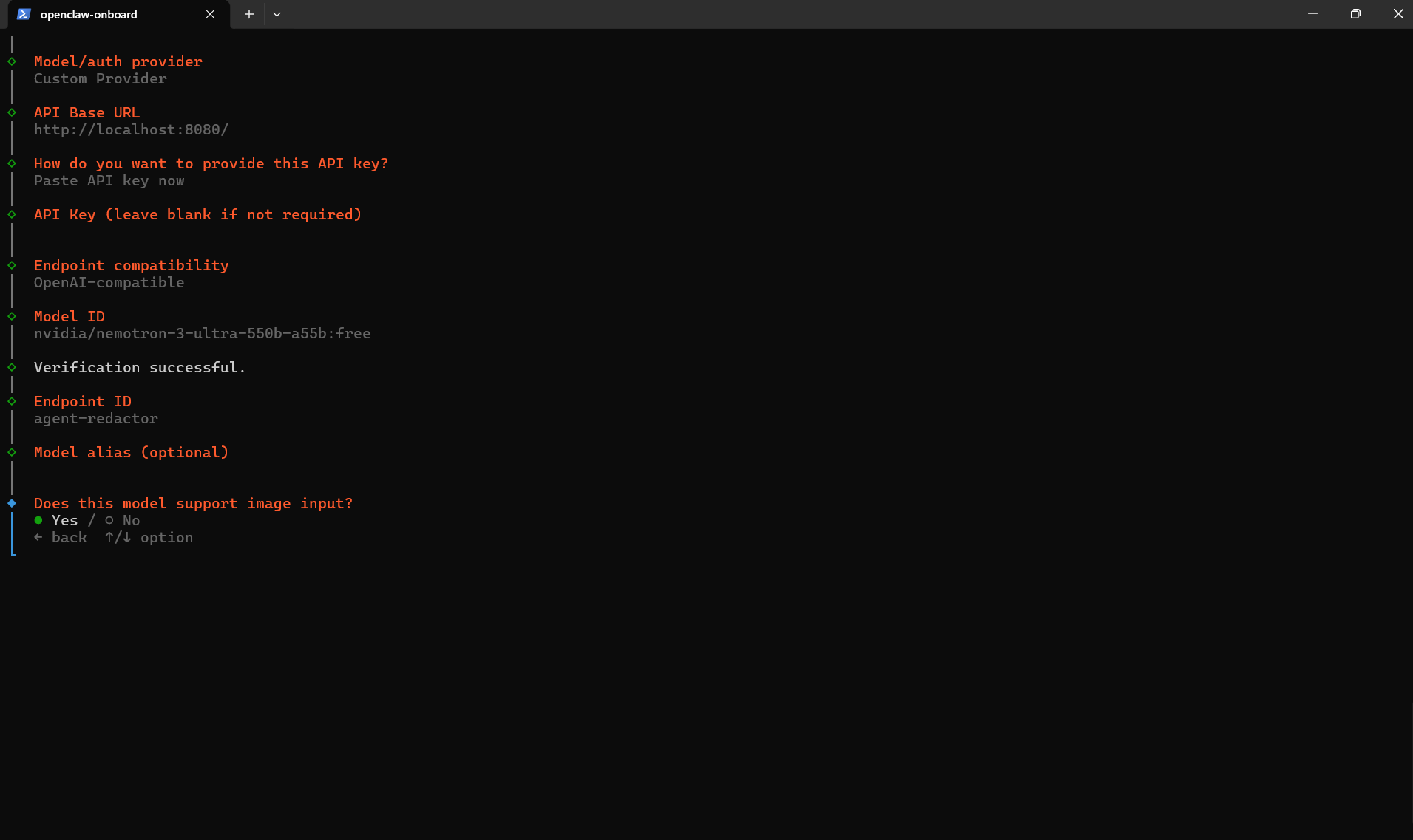 OpenClaw onboard showing Custom Provider selected, API Base URL http://localhost:8080/, blank API key, OpenAI-compatible, Model ID nvidia/nemotron-3-ultra-550b-a55b:free, Verification successful, Endpoint ID agent-redactor