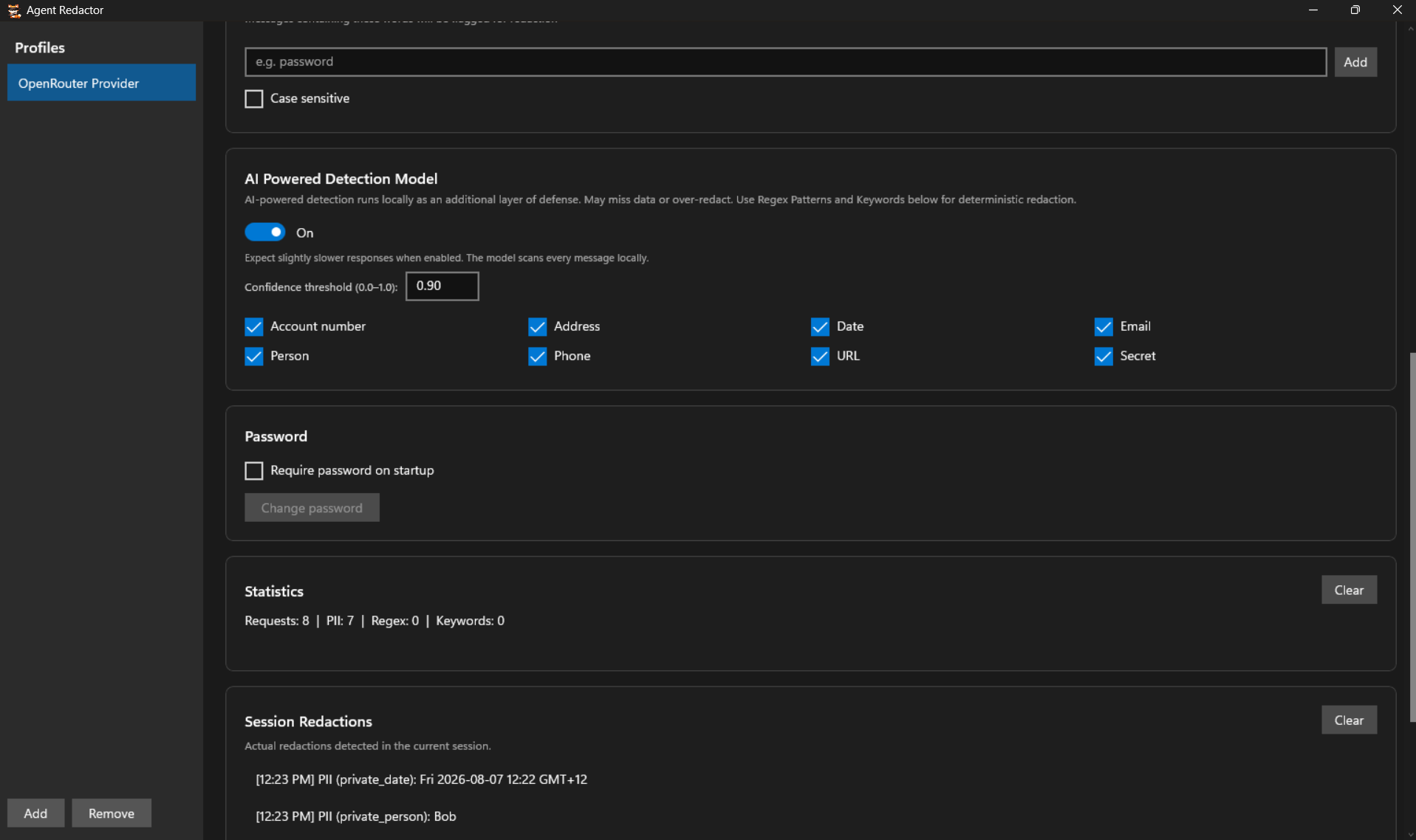 Agent Redactor showing AI Powered Detection Model enabled, Statistics panel with Requests: 8, PII: 7, and Session Redactions listing intercepted PII including private_person Bob