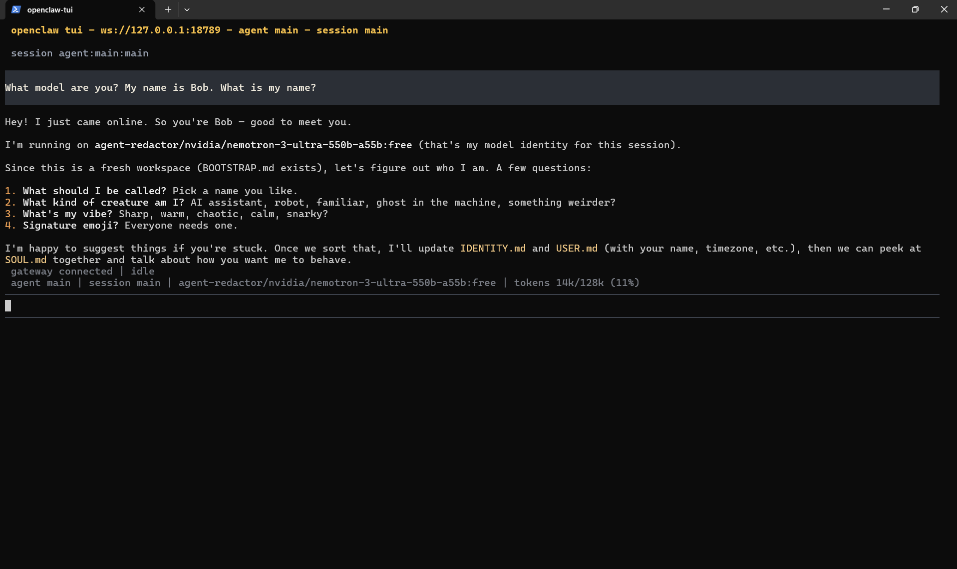 OpenClaw TUI chat session with status bar showing agent-redactor/nvidia/nemotron-3-ultra-550b-a55b:free as the active model