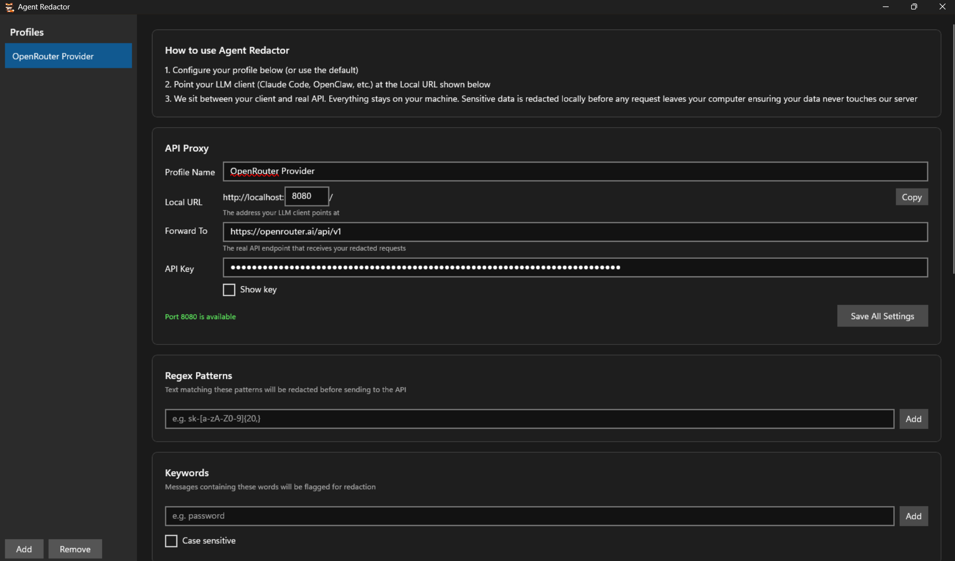 Afsnit om API-proxy i Agent Redactor med Profile Name OpenRouter Provider, Local URL localhost:8080, Forward To openrouter.ai/api/v1 og API Key-felt