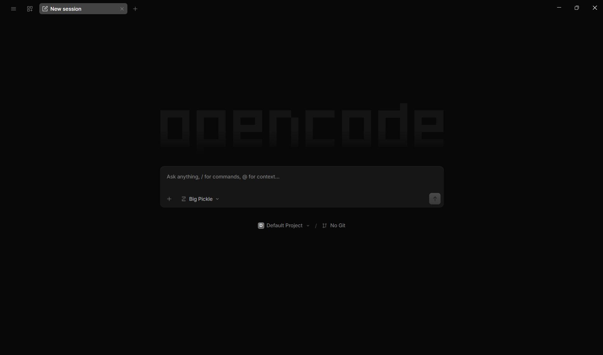 OpenCode-hovedskærmen viser New session med chatinput og modelvælger, der viser Big Pickle