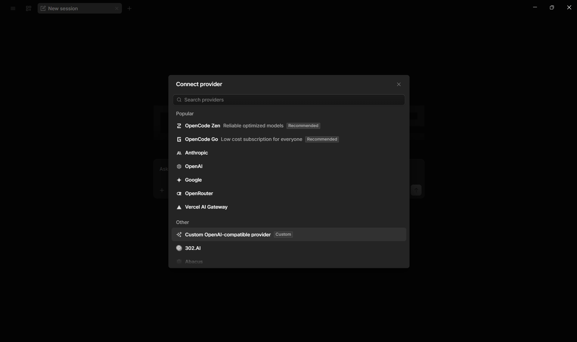 Dialog Connect provider i OpenCode med providerliste, der viser Custom OpenAI-compatible provider under sektionen Other