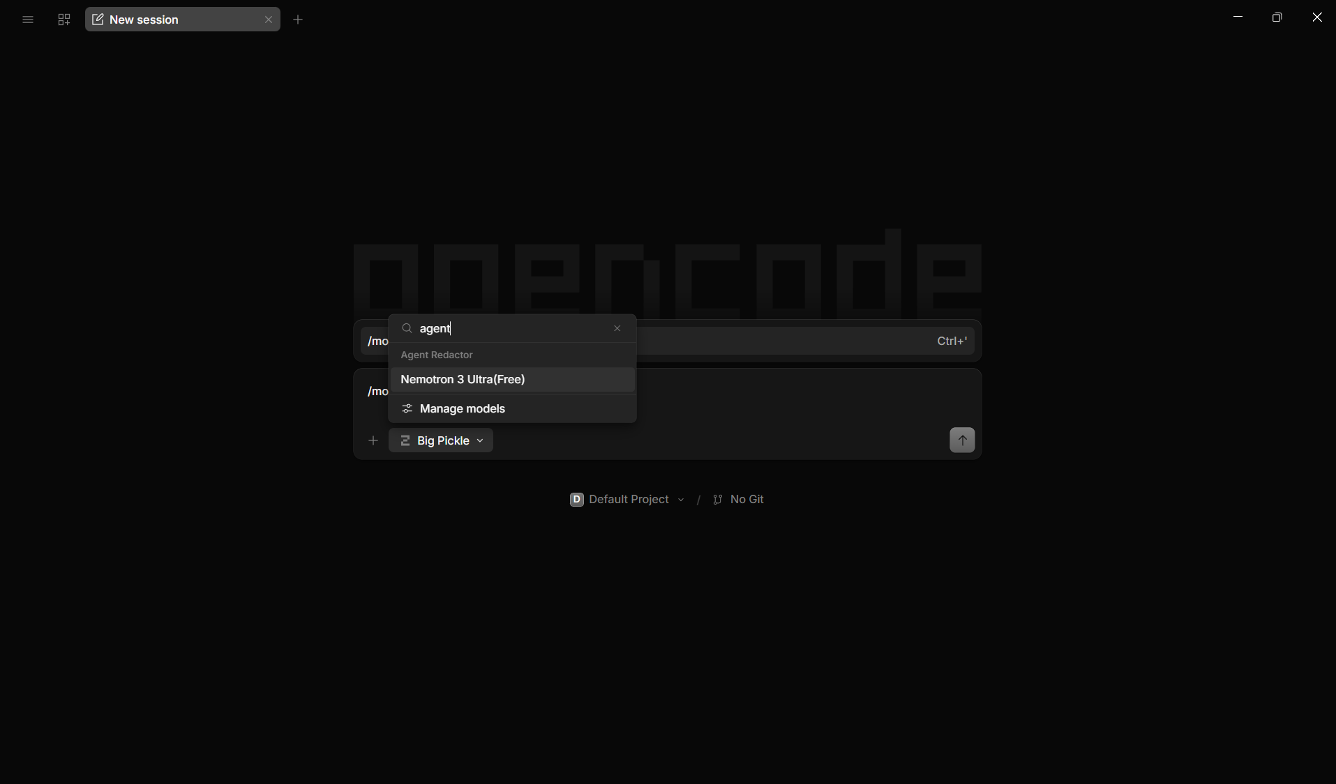 OpenCode-modelvælger, der søger efter agent og viser Agent Redactor-provideren med Nemotron 3 Ultra(Free)